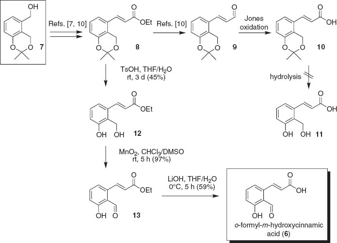 Scheme 3 Synthesis of o-formyl-m-hydroxycinnamic acid (6).