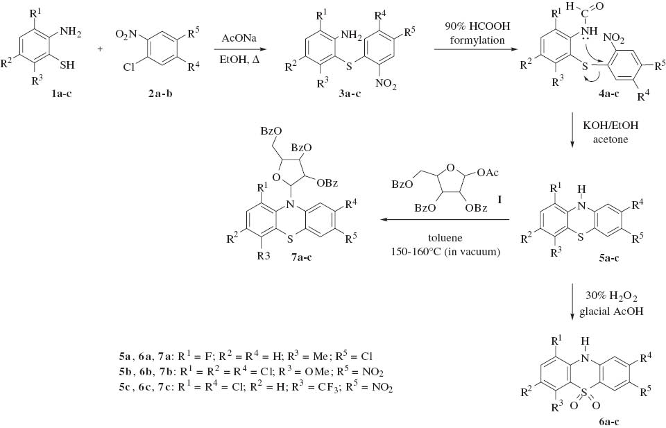 Scheme 1 Synthesis of 10H-phenothiazines 5a–c, their sulfone derivatives 6a–c, and ribofuranosides 7a–c.