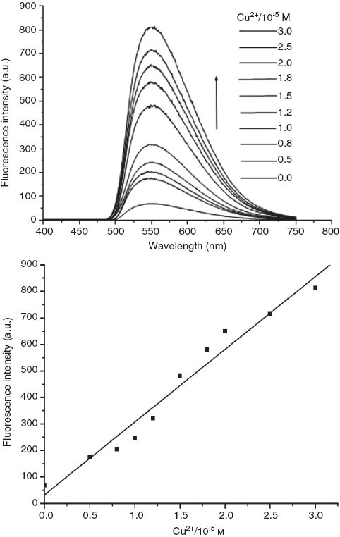 Figure 3 Fluorescence emission spectra of compound 3 (10 μm) for Cu2+ ion titration in a mixture of CH3 OH/DMF (9:1).