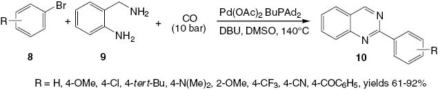Scheme 6 A convenient palladium-catalyzed carbonylative synthesis of 2-substituted quinazolines 10.