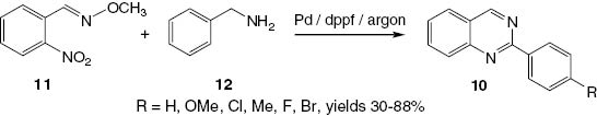 Scheme 7 Palladium-catalyzed hydrogen transfer synthesis of 2-substituted quinazolines 10.
