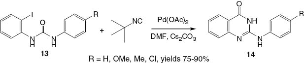 Scheme 8 An efficient palladium-catalyzed synthesis of 2-substituted-4(3H)-quinazolinones 14 from disubstituted ureas 13 and tert-butyl isocyanide.