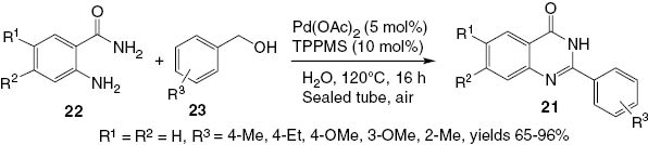 Scheme 11 Palladium-catalyzed reaction of benzyl alcohol with 2-aminobenzamide.