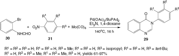 Scheme 14 Palladium-catalyzed formation of 3-substituted-4(3H)-quinazolinones 29.