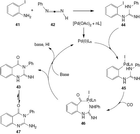 Scheme 20 Suggested mechanism for the palladium-catalyzed cyclocarbonylation reaction of 2-iodoaniline with carbodiimide.