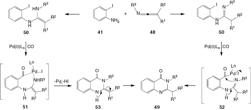 Scheme 22 Proposed mechanism for the synthesis of 2,3-disubstituted-4(3H)-quinazolinones 49.