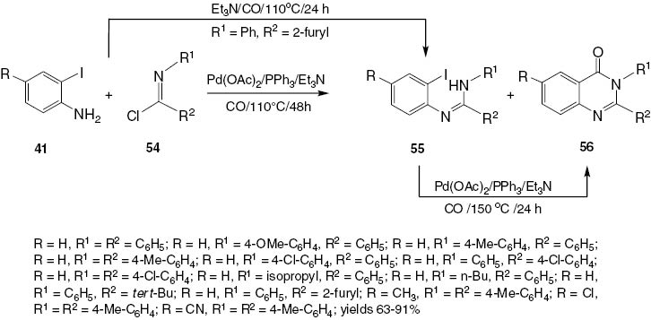 Scheme 23 Synthesis of 2,3-disubstituted-4(3H)-quinazolinones 56via palladium-catalyzed cyclocarbonylation of 2-iodoanilines 41 with imidoyl chlorides 54.