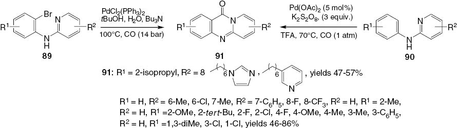 Scheme 36 Two pathways for palladium-catalyzed carbonylative synthesis of pyrido[2,1-b]quinazolinones 91.