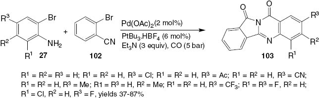 Scheme 40 Pd-catalyzed carbonylative synthesis of quinazolinedione 103.