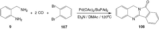 Scheme 42 Pd-catalyzed double carbonylative synthesis of batracylin analogue 108.