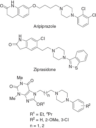 Figure 1 Aripiprazole, ziprasidone, and a general structure of 8-alkoxy-1,3-dimethyl-1H-purine-2,6(3H,7H)-dione derivatives [8].