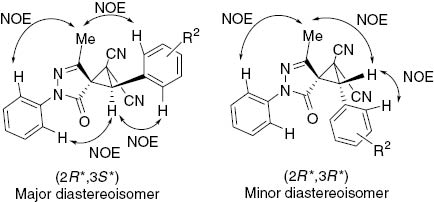 Figure 1 NOESY interactions for spirocyclopropylpyrazolones 3a–i.