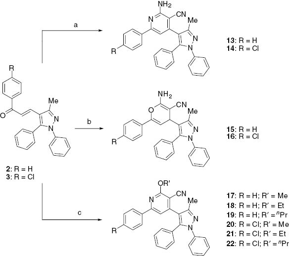 Scheme 2 The synthesis of 13–22: (a) malononitrile, ammonium acetate, absolute ethanol; (b) malononitrile, DMF, pyridine; (c) malononitrile, sodium methoxide or sodium ethoxide or sodium propoxide, methanol, ethanol and n-propanol.