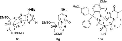 Figure 2 The detected spin-spin coupling (by a HMBC 2D NMR experiment) between hydrogen atoms at C1′ in the THPO moiety and selected neighboring carbon atoms in 8c, 8g, and 10e.