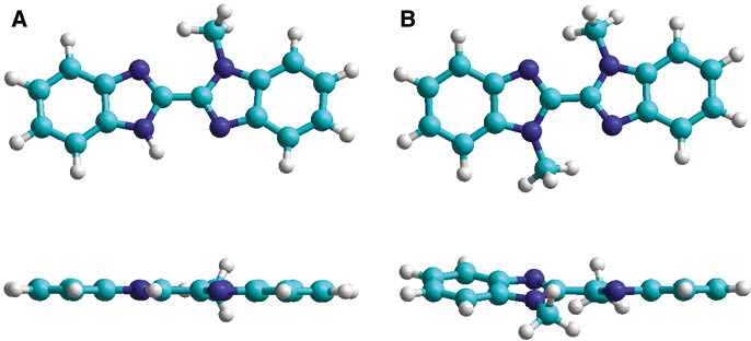 Figure 1 B3LYP/6-31G(d,p) optimized structures of the s-trans conformers for 1-methyl-1H,1′H-2,2′-bibenzo[d]imidazole (A) and 1,1′-dimethyl-1H,1′H-2,2′-bibenzo[d]imidazole (B).