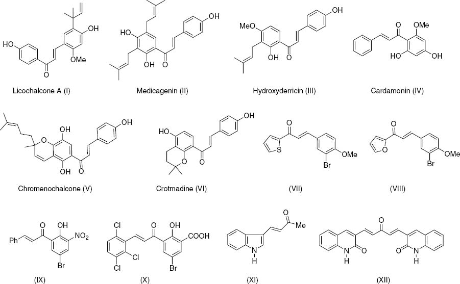 Figure 1 Naturally occurring (I–VI) and synthetic aryl/heteroaryl chalcones (VII–XII).