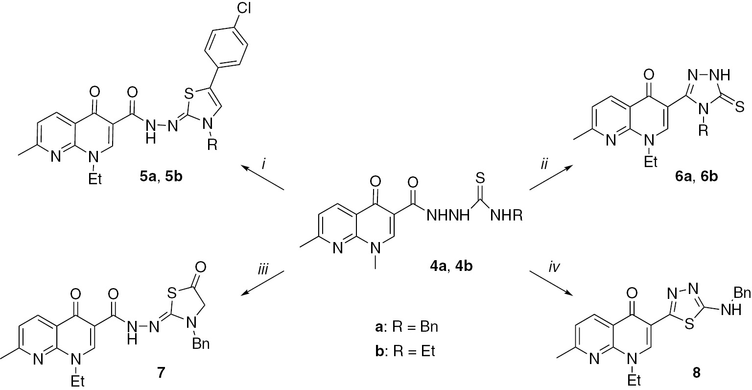 Scheme 2 Reactions and conditions. i: EtOH, ClC6H4COCH2Br, CH3COONa, reflux for 54 h (5a) or EtOH, C2H5Br, CH3COONa, reflux for 45 h (5b) or MW irradiation; ii: 2 N NaOH in EtOH/H2O, 16 h (6a) or 14 h (6b) reflux or MW irradiation; iii: BrCH2COOEt in EtOH, CH3COONa, 24 h reflux or MW irradiation; iv: H2SO4, 3 h at room temperature or MW irradiation.
