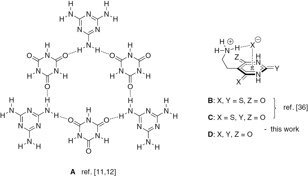 Figure 1 (A) 1:1 complex between cyanuric acid and melamine; (B–D) cooperative anion-π and N-H···anion binding interactions between (thio)cyanuric acid derivatives and halide anions.