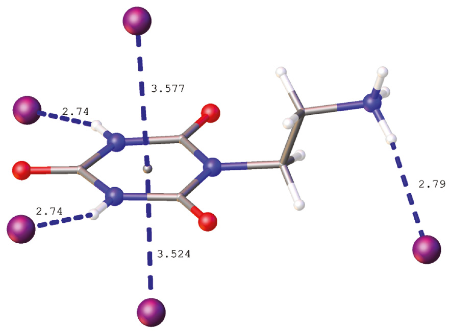 Figure 4 Iodide anions interacting with the cation. Distances are given in Å.