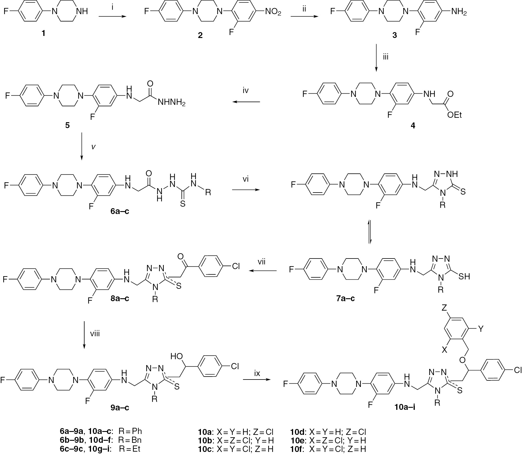 Scheme 1 Synthetic route for compounds 2–10. (i): 3,4-difluoronitrobenzene, NaHCO3 ; (ii): H2NNH2, Pd-C; (iii): BrCH2COOEt, Et3N; (iv): H2NNH2, EtOH; (v): isothiocyanate, DCM; (vi): 2N NaOH, H2O+EtOH; (vii): 4-ClC6H4COCH2Br, Na, EtOH; (viii): NaBH4; (ix): NaH, THF, substituted benzyl chloride.