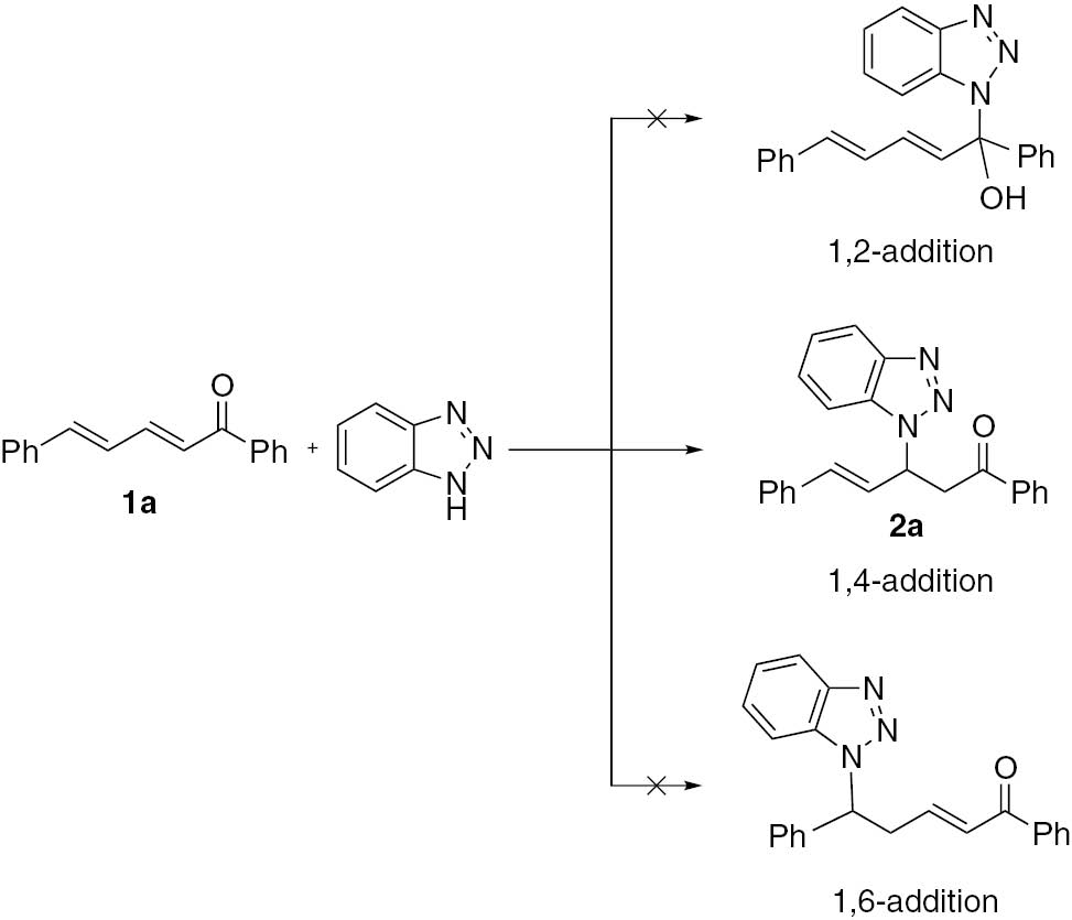 Scheme 1 Regioselective addition of dienone 1a with benzotriazole.
