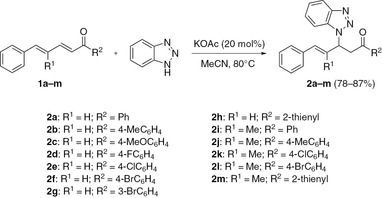 Scheme 2 Regioselective aza-Michael addition of dienones with benzotriazole.