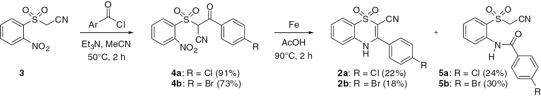 Scheme 1 Synthesis of target compounds 2a,b and benzamide by products 5a,b.