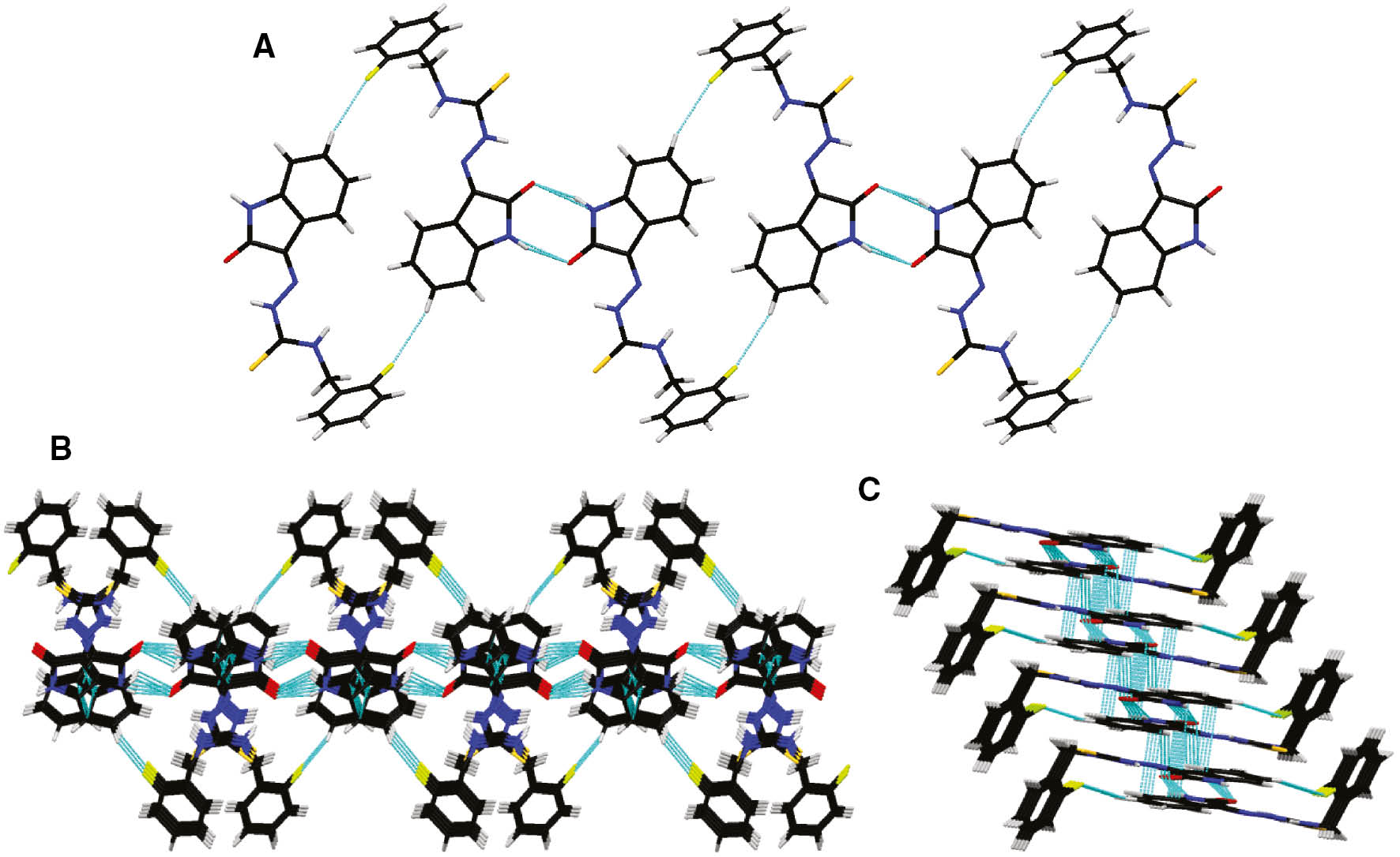 Figure 2 The crystal packing of compound 5h. (A) 1D-tapes viewed along the c-axis, (B) 3D-network viewed along the c-axis, (C) 3D-network viewed along the b-axis.