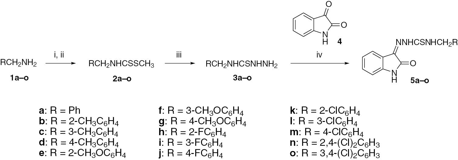 Scheme 1 Reagents and conditions: (i) Et3N, MeOH, CS2, 30oC, 75 min, then r.t., 1 h; (ii) CH3I, MeOH, −10°C, 20 min, then r.t., 2 h; (iii) NH2NH2·H2O, EtOH, reflux, 2 h; (iv) 50% EtOH, reflux, 2 h.