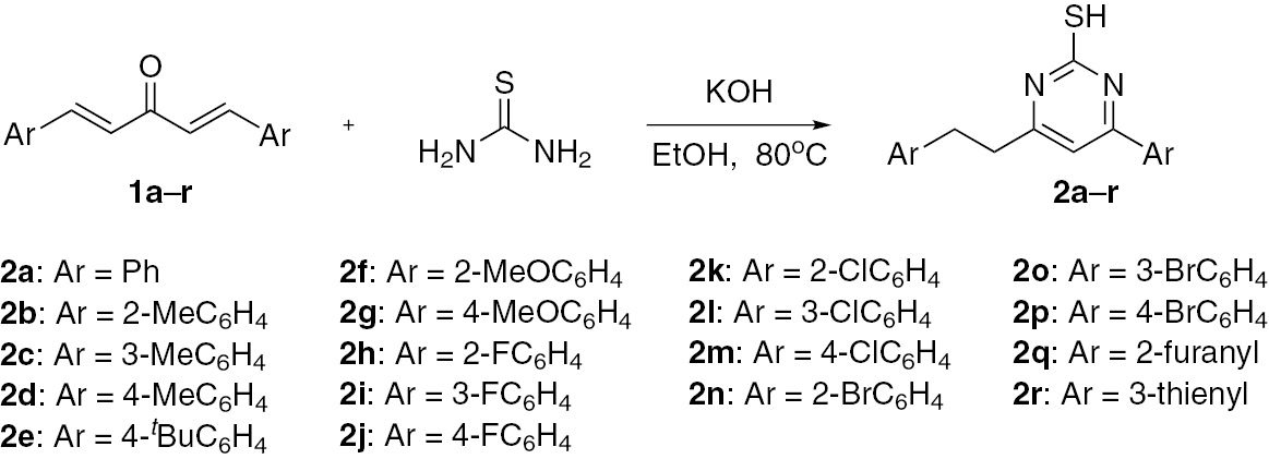 Scheme 1 Synthesis of 4-arylethyl-6-arylpyrimidine-2-thiols.