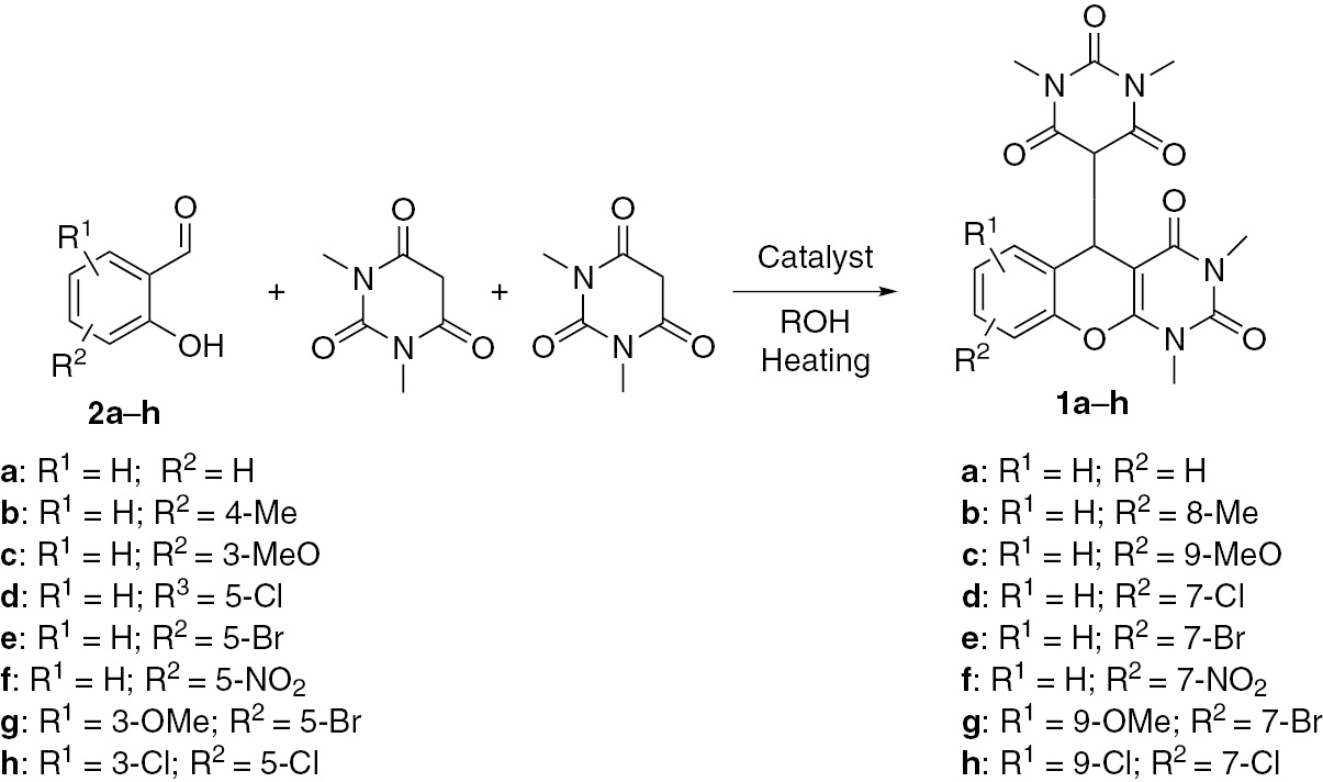 Scheme 1 Cascade assembling of salicylaldehydes 2a–h and N,N′-dimethylbarbiturate into products 1.