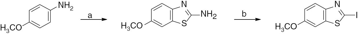 Scheme 2 Synthesis of 2-iodo-6-methoxybenzothiazole from p-anisidine.