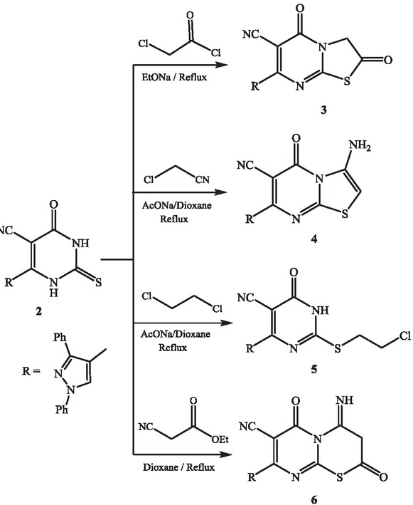 Scheme 2 Condensation of pyrimidinethione 2 with carbon electrophiles.