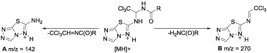 Scheme 3 Fragmentation of N-(1-([1,2,4]triazolo[3,4-b][1,3,4]thiadiazol-6-ylamino)-2,2,2-trichloroethyl)carboxamides 6.