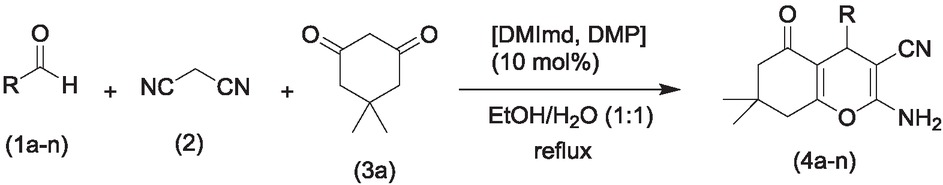 Scheme 3 One-pot three-component reaction of dimedone (3a), different aldehydes (1a-n), and malononitrile (2) catalyzed by [DMImd-DMP].
