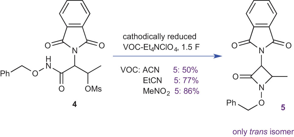 Scheme 2 
                  Electrochemical deprotonation of threonine derivative 4: diastereoselective synthesis of trans β-lactam 5.
               