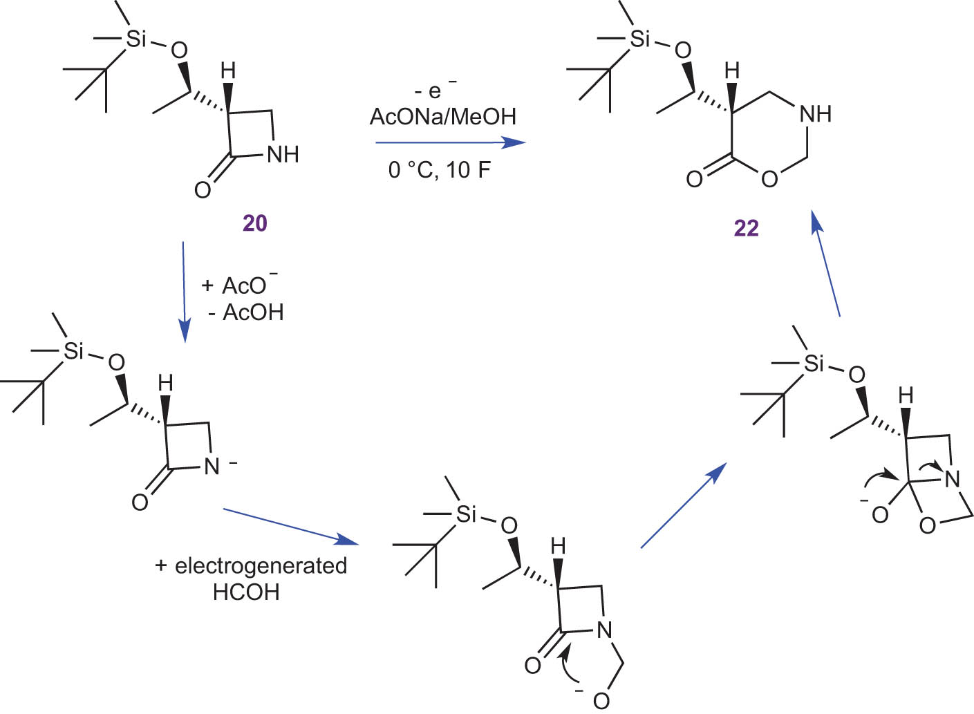 Scheme 15 
                  Anodic ring expansion of β-lactam 20.
               