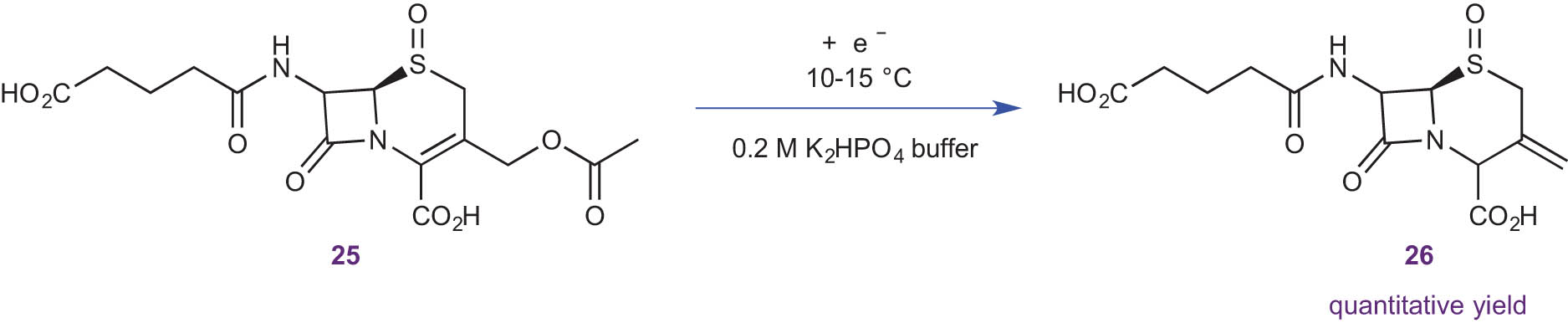 Scheme 17 
                  Cathodic deacetylation from cephalosporanic acid 25.
               