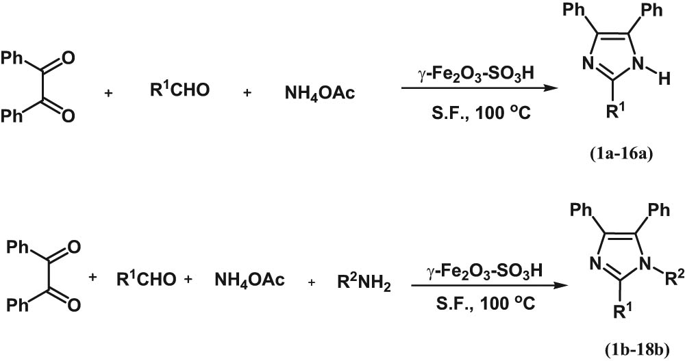 Scheme 1
One-pot synthesis of polysubstituted imidazoles in the presence of the γ-Fe2O3-SO3H catalyst (a: trisubstituted imidazole, b: tetrasubstituted imidazole).