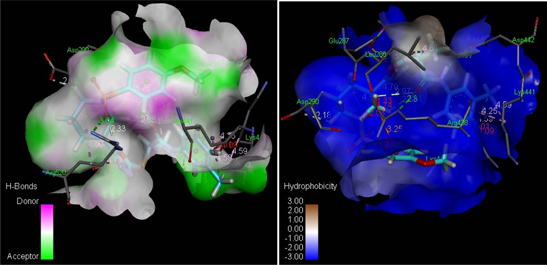 Figure 4 
                     Analyses of H-bonds (left) and hydrophobic interactions (right) of compound 8h. The blue color in the hydrophobic contacts (right) depicts favorable structural elements (atoms and torsions) contributing to the entire binding energy within the LOX protein binding pocket (PDB ID: 3v99); the pink one is unfavorable, and the white one is neutral.
                  