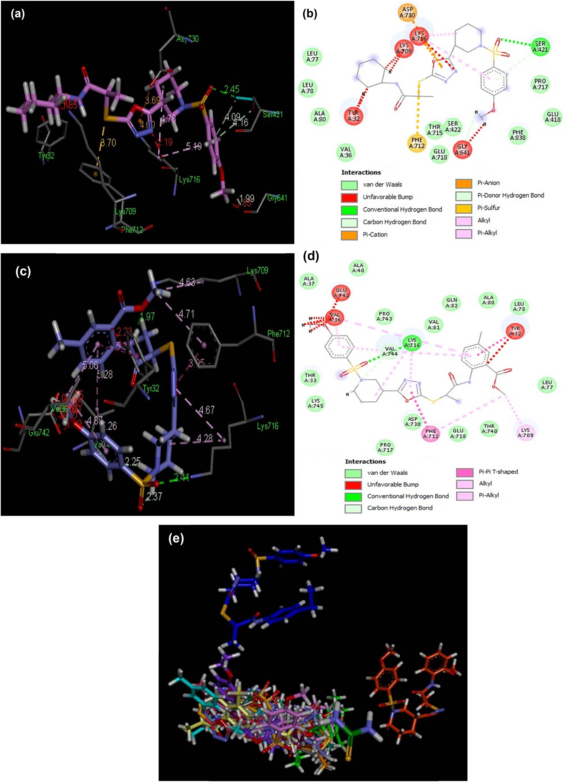 Figure 5 
                     3D and 2D representations of docked ligands 8l (a and b) and 8n (c and d) within a binding pocket of the JBU protein (PDB ID: 4h9m). (e) Overlap of bound conformations of compounds 8(a–n) illustrating overlap in two clusters in the binding pocket 8a (gray), 8b (yellow), 8c (pink), 8d (magenta), 8e (parrot green), 8f (brown), 8g (sea green), 8h (sky blue), 8i (mustard), 8j (purple), 8k (blue), 8l (baby pink), 8m (orange), 8n (mauve) and thiourea (green).
                  