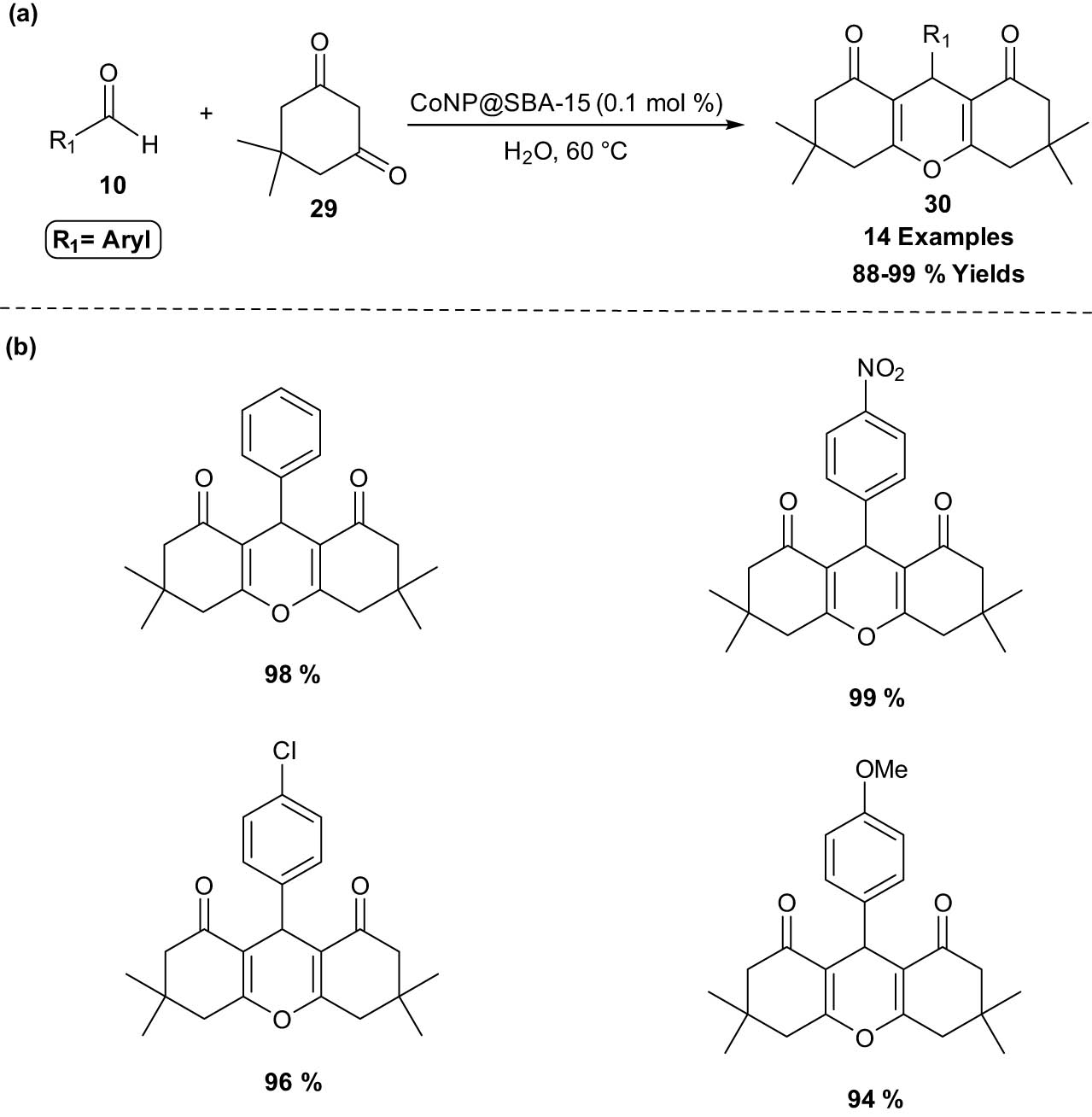 Scheme 15
Synthesis of 1,8-dioxo-octahydroxanthenes in the presence of CoNP@SBA-15. (a) Method overview; (b) representative examples.