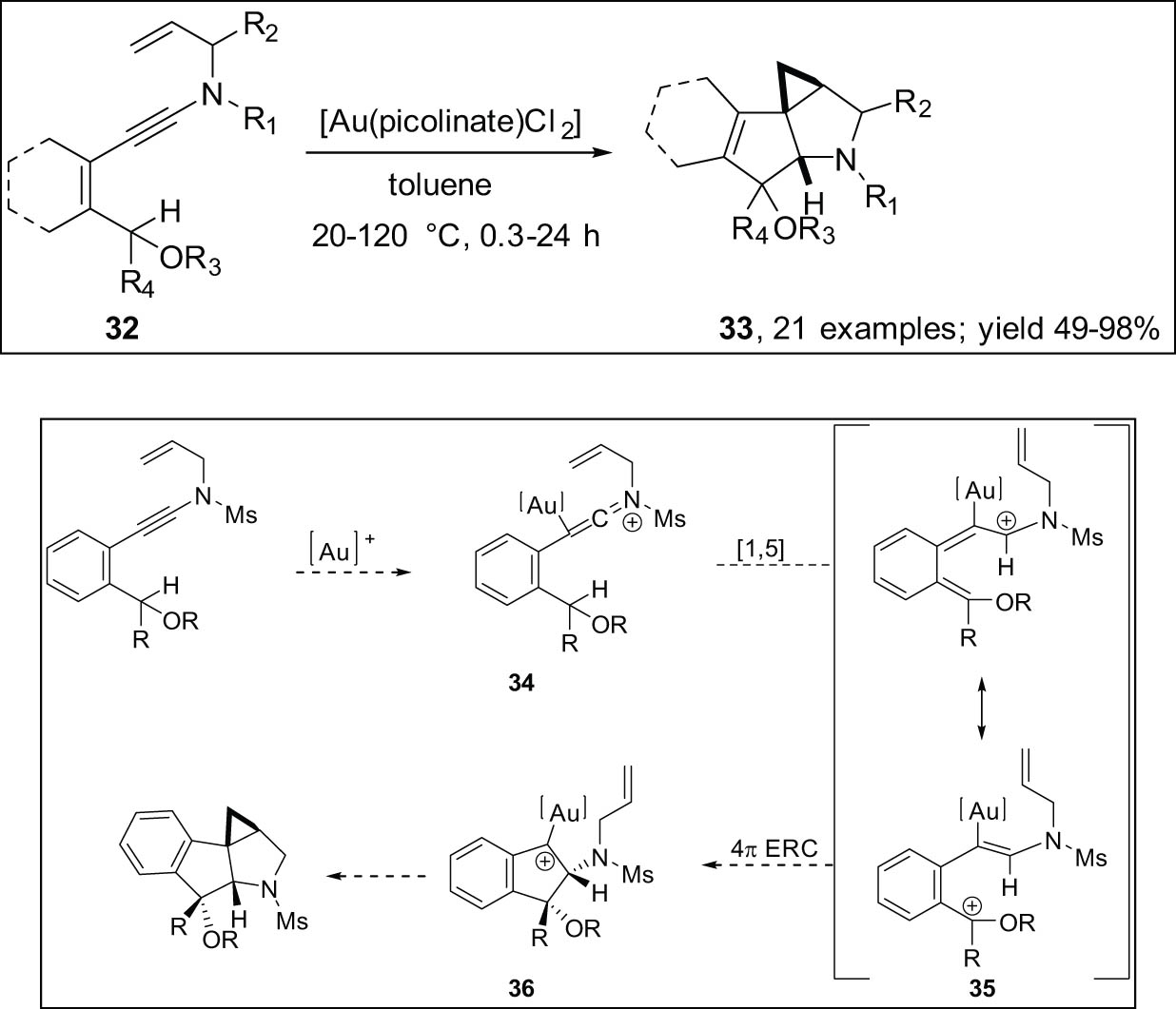 Scheme 11 
                        The C–H insertion/cyclization cascade of N-allyl ynamides catalyzed by gold.