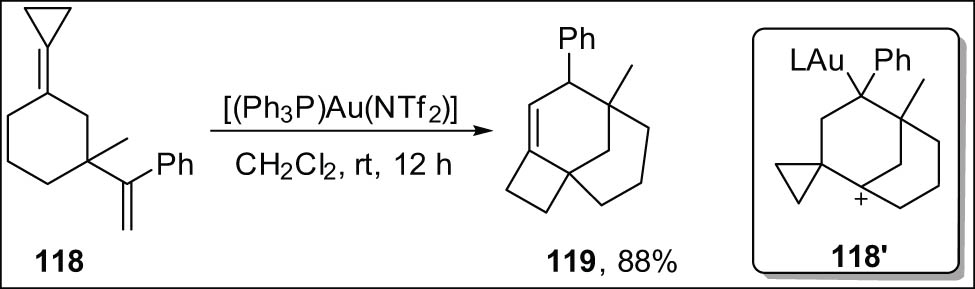 Scheme 34 
                  Cycloisomerization of cyclopropylidene-tethered frameworks.