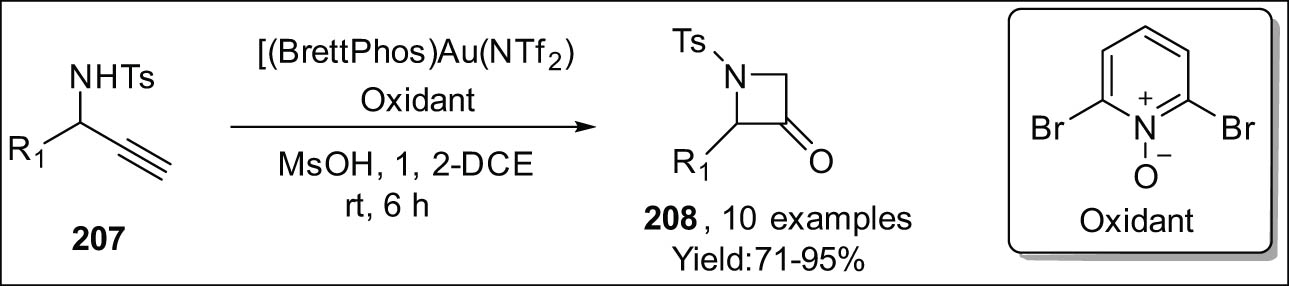 Scheme 59 
                  Au(i)-catalyzed formation of azetidin-3-ones via oxidative synthesis.