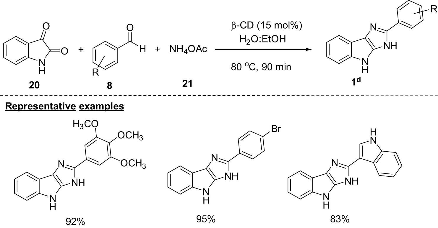 Scheme 25 
                  Synthesis of 2-phenyl-3,4-dihydroimidazo[4,5-b]indoles using β-CD catalyst.
               