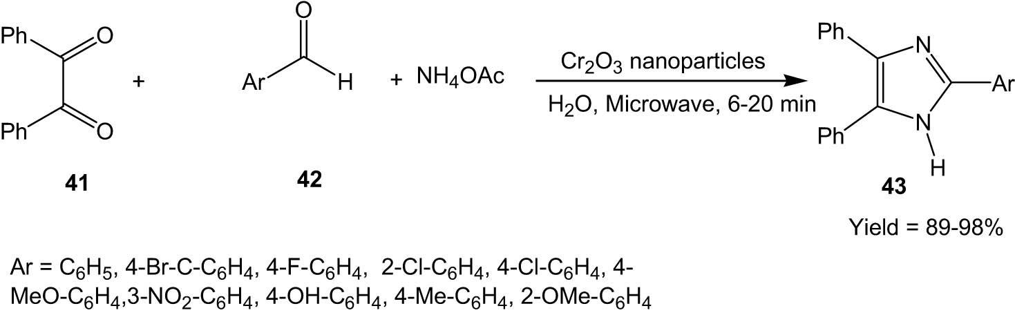 Scheme 11 
               Cr2O3 nanoparticles catalysed the synthesis of imidazoles from 1,2-diketones and aldehydes under microwave irradiation.
            