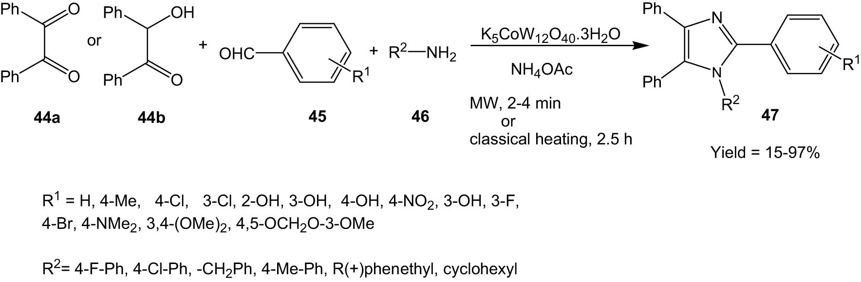 Scheme 12 
               Potassium dodecatungstocobaltate trihydrate-catalysed synthesis of imidazoles under microwave irradiation.
            