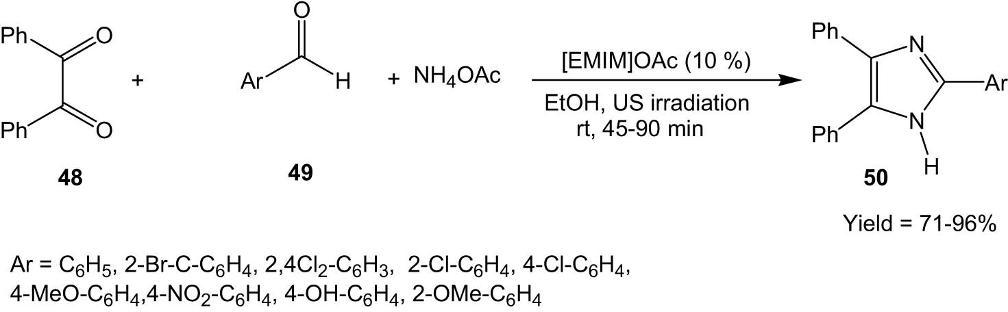 Scheme 13 
               Ionic liquid-catalysed synthesis of imidazoles from 1,2-diketones and aldehydes under ultrasonic irradiation.
            