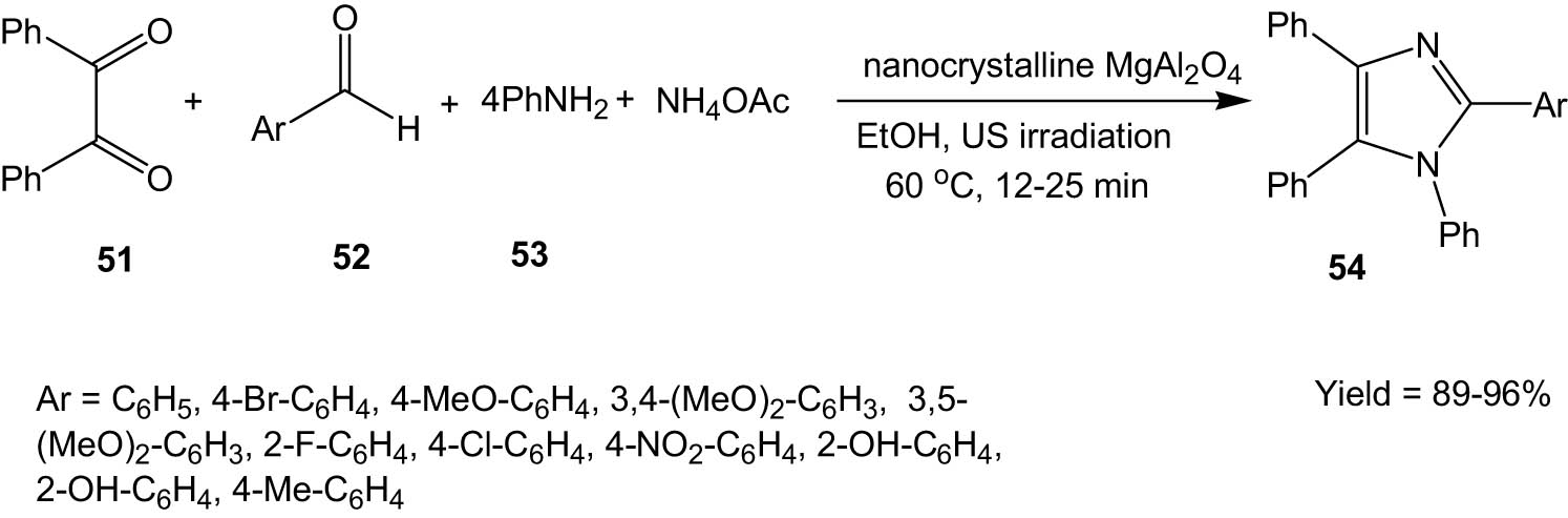 Scheme 14 
               MgAl2O4-catalysed synthesis of imidazoles from 1,2-diketones and aldehydes under ultrasonic irradiation.
            